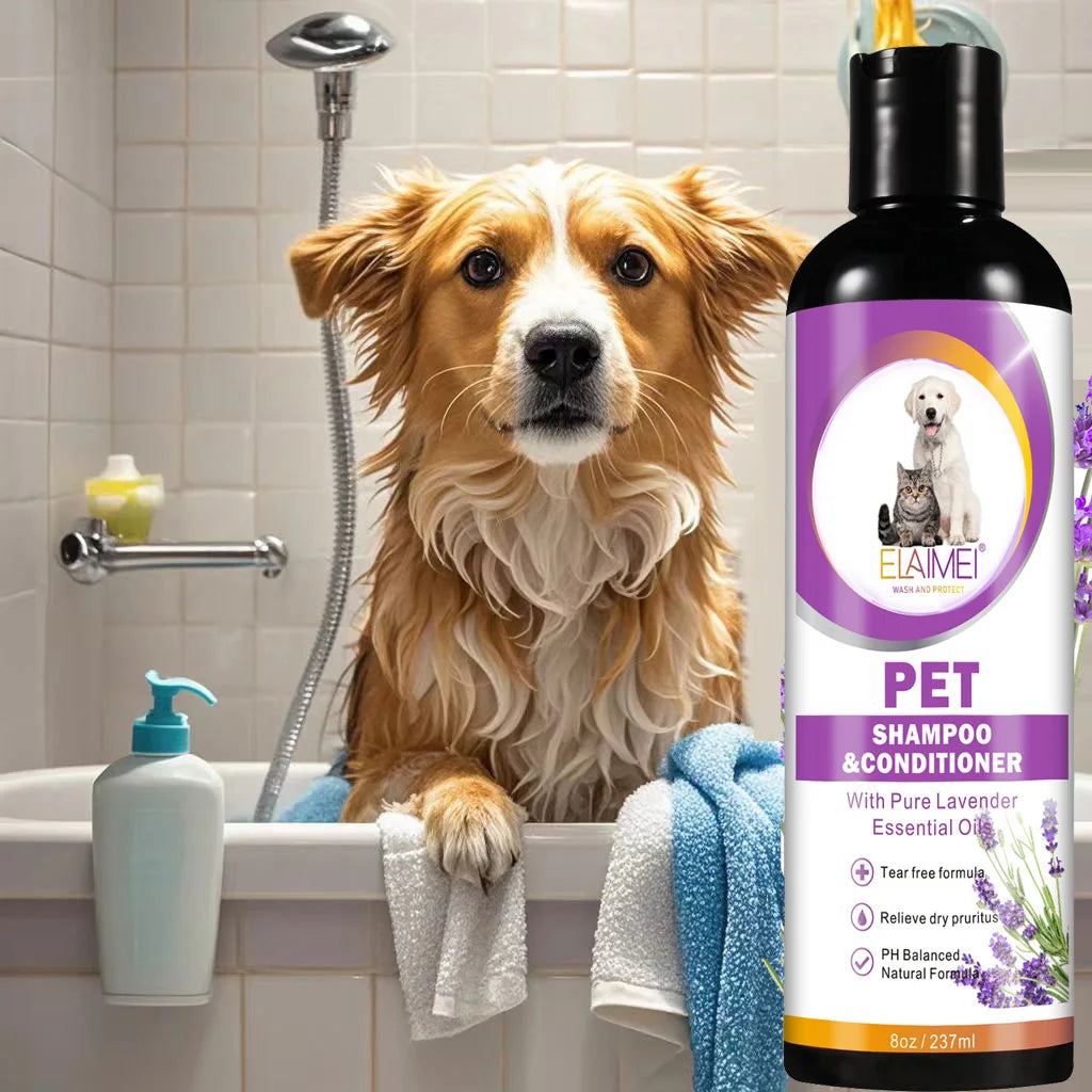 Pet shampoo for dogs, designed to remove stains, care for hair, relieve dryness.