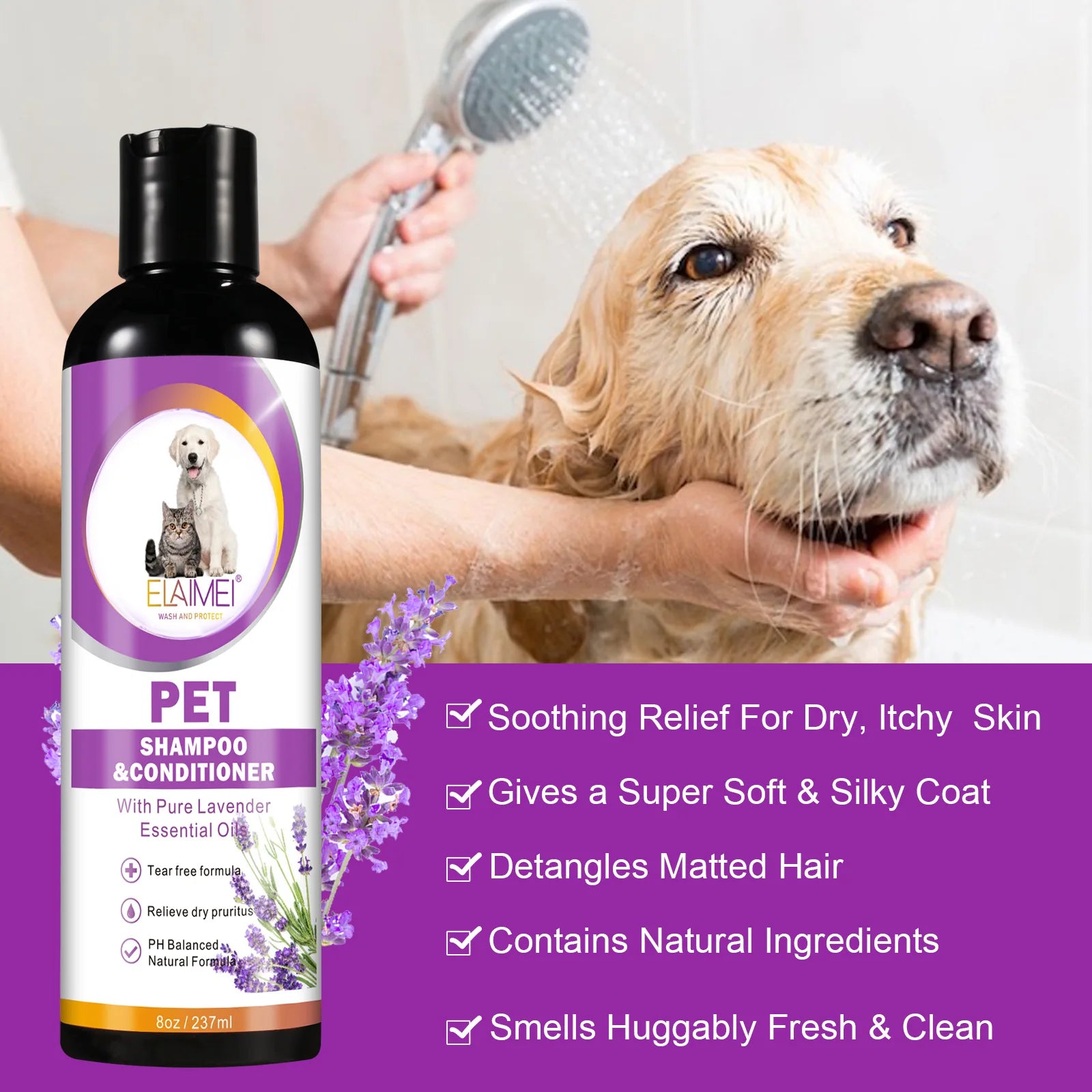 Pet shampoo for dogs, designed to remove stains, care for hair, relieve dryness.