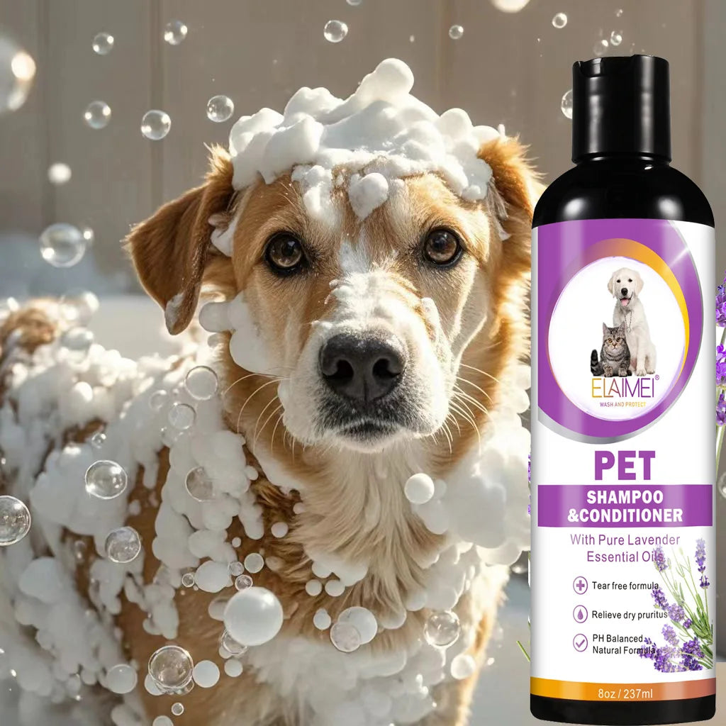 Pet shampoo for dogs, designed to remove stains, care for hair, relieve dryness.