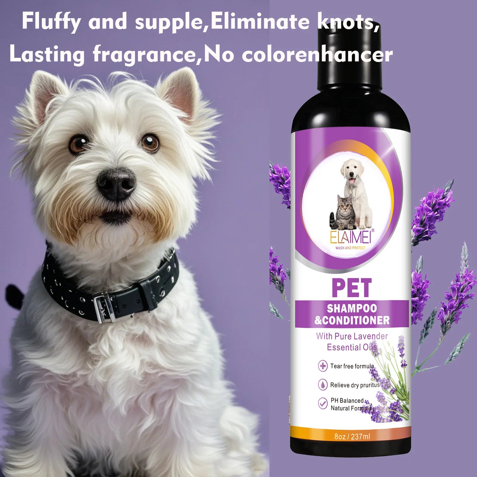 Pet shampoo for dogs, designed to remove stains, care for hair, relieve dryness.