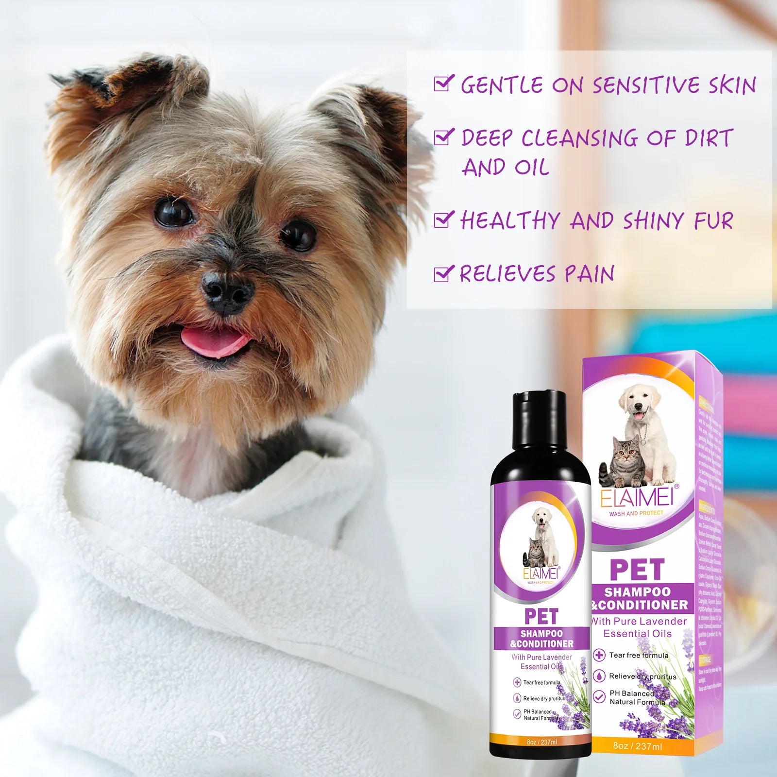 Pet shampoo for dogs, designed to remove stains, care for hair, relieve dryness.