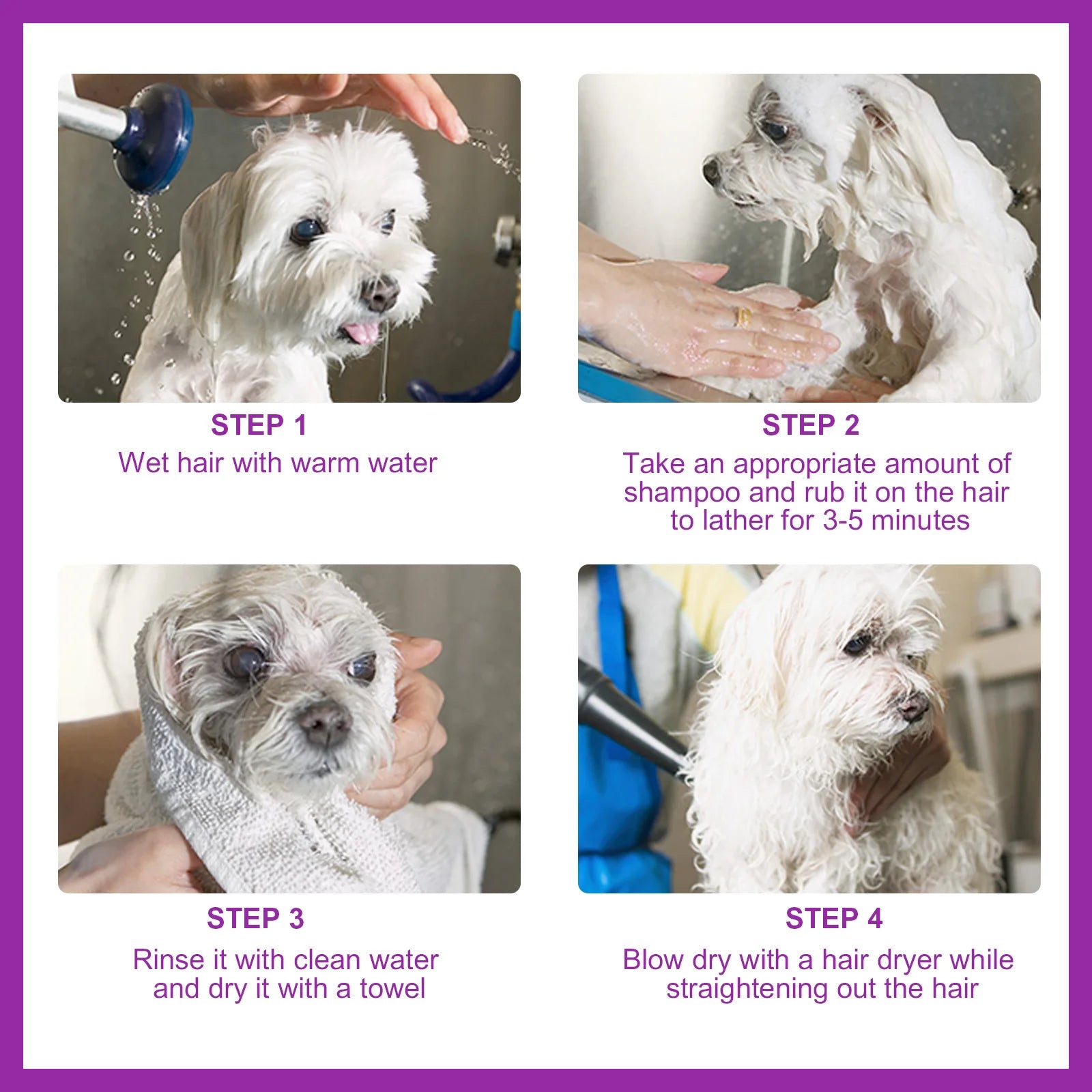Pet shampoo for dogs, designed to remove stains, care for hair, relieve dryness.